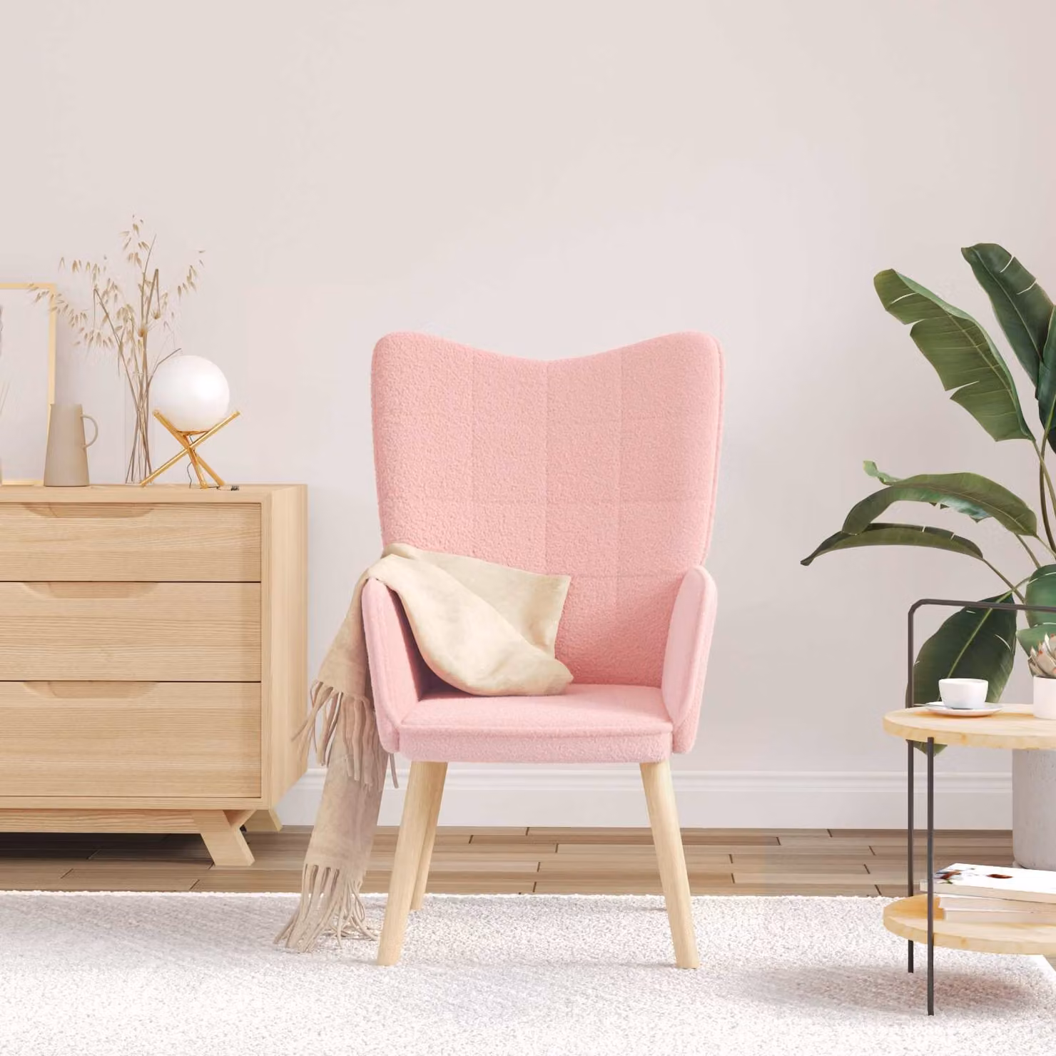 Poltrona lounge moderna vidaXL in tessuto Sherpa rosa con braccioli, L: 62 cm, P: 67 cm, H: 95,5 cm
