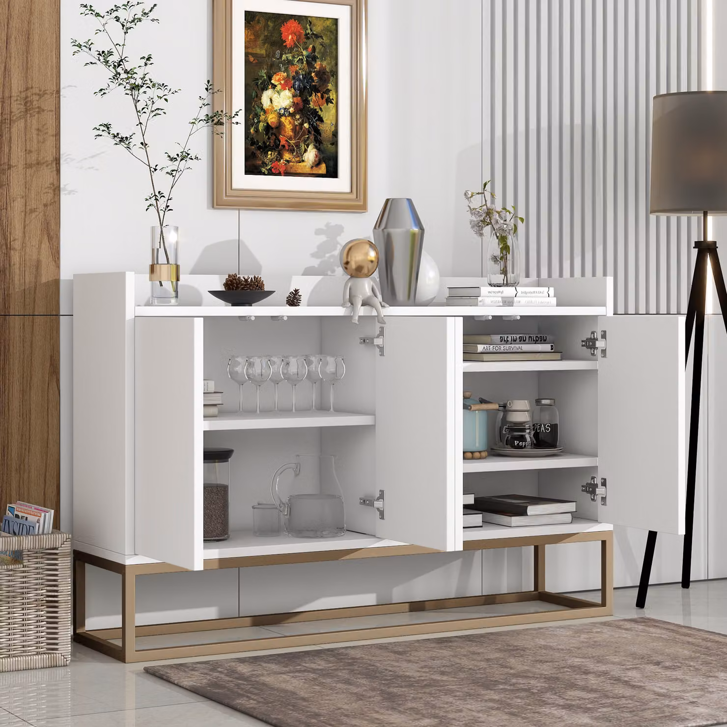 Credenza STILVORA in stile minimalista Credenza senza maniglie a 4 ante per sala da pranzo, soggiorno, cucina, con due ripiani regolabili, colore bianco