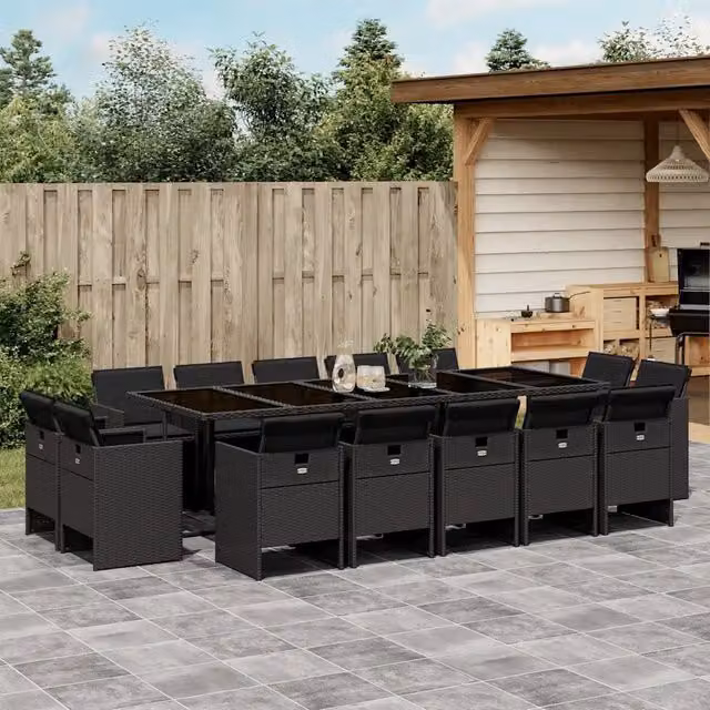 Set da pranzo da giardino vidaXL in polyrattan nero con cuscini e tavolo in vetro, 15 pezzi