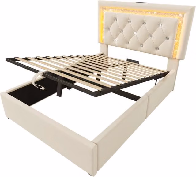 Letto singolo imbottito 90x200 cm in velluto beige con LED integrato, stazione di ricarica USB e Type-C, contenitore idraulico e materasso incluso