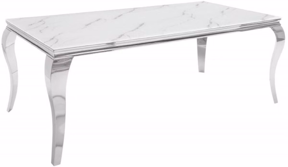 Tavolo da pranzo di design Casa Padrino bianco/grigio/argento 200 x 105 x h. 75 cm - Tavolo da cucina rettangolare in acciaio inox con vetro di sicurezza stampato in digitale effetto marmo - Arredo moderno barocco