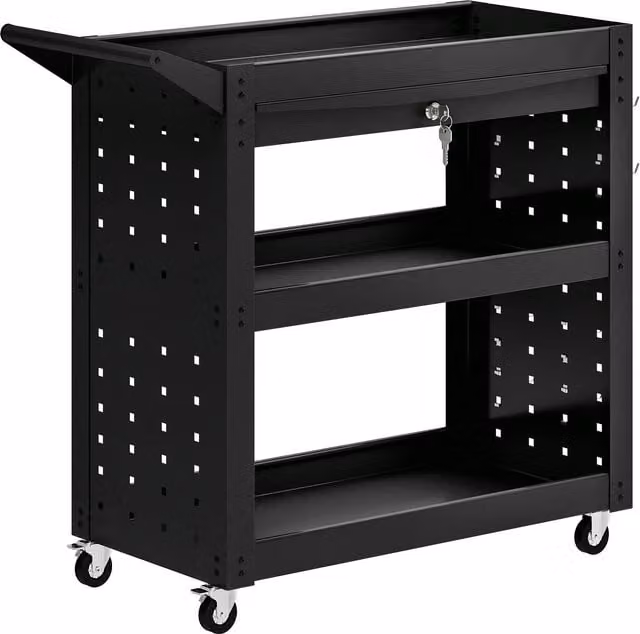 Carrello da Officina Mobile HOMCOM con 3 Livelli, Cassetto e Pannelli Forati, Nero – 1