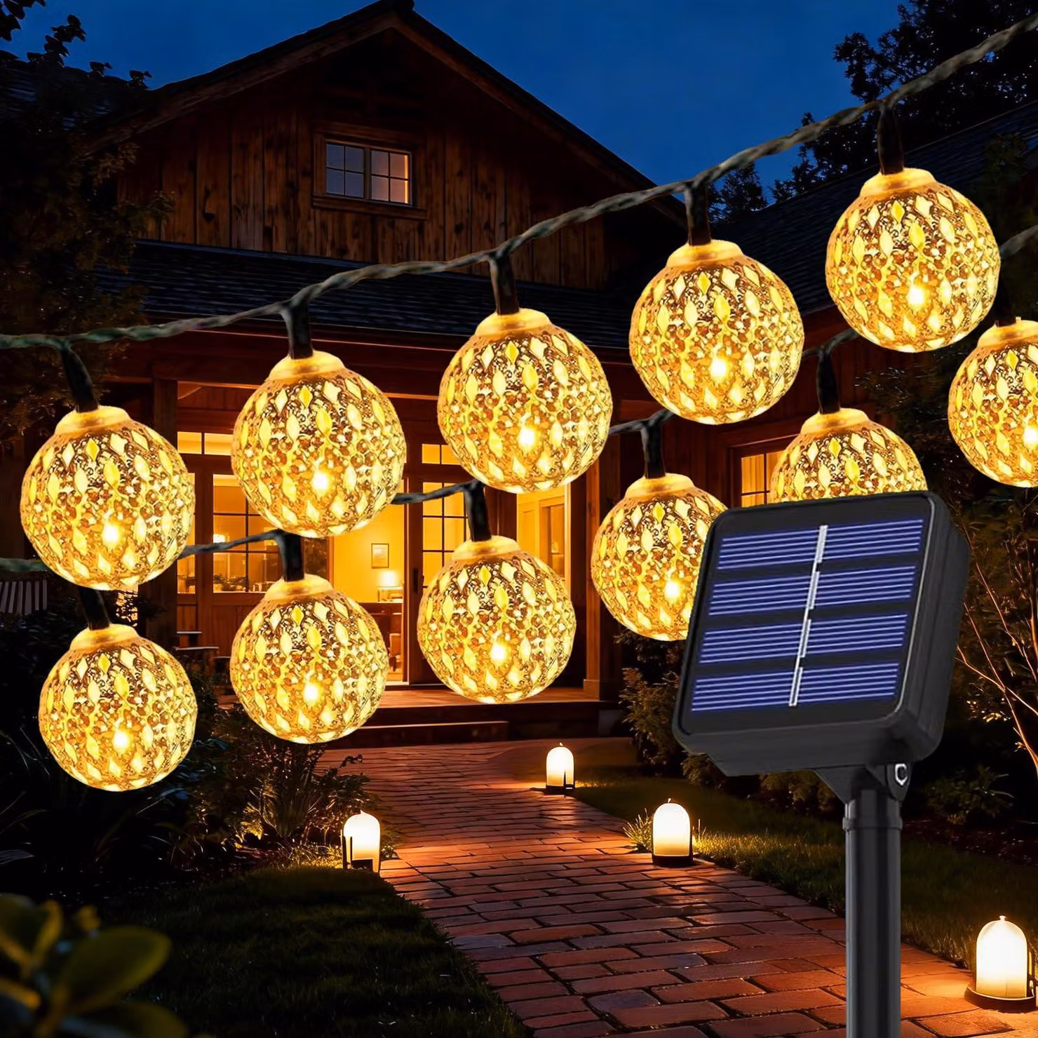 Catena luminosa a LED, 50 luci a forma di sfera, 7,5 metri, luce bianco caldo, grado di protezione IP65, 8 modalità