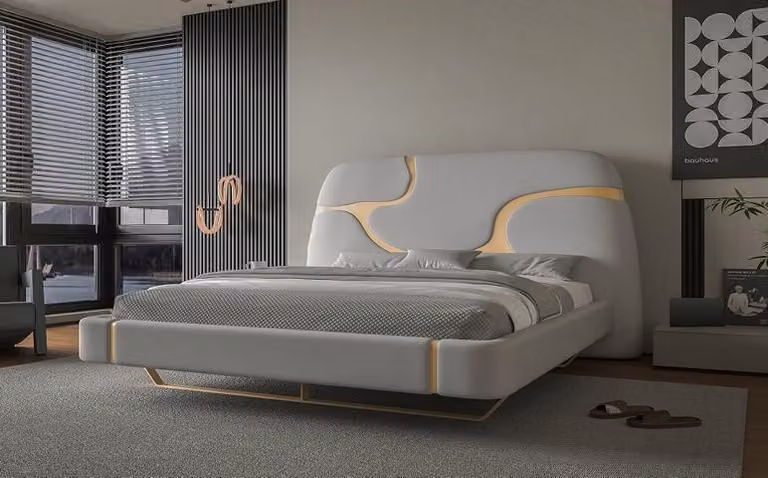 Luxus Bett mit Gold Akzenten Modernes Design Gepolstertes Kopfteil Schlafzimmer