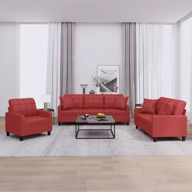 Set di divani 3 pezzi vidaXL in similpelle rossa con cuscini per soggiorno moderno