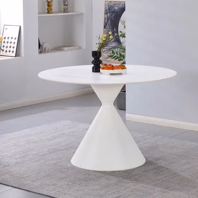 Tavolo Rotondo Taini Ø120 cm in Ceramica Effetto Marmo Bianco con Base Conica in Metallo
