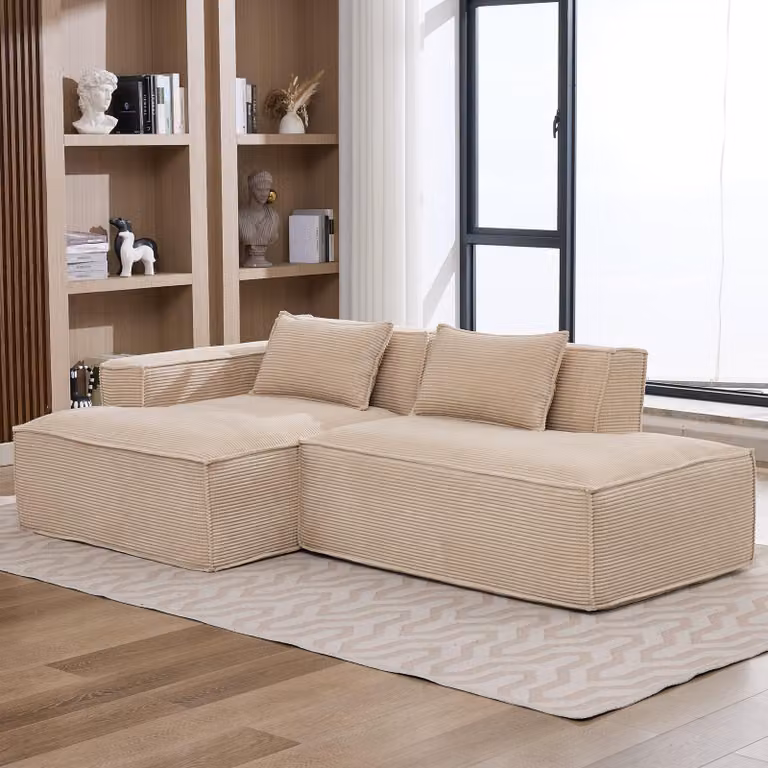 Divano componibile LVHOM in tessuto corduroy, 233 cm, divano lounge a terra a 2 posti con chaise longue, divano di facile manutenzione per il soggiorno, da montare, color kaki