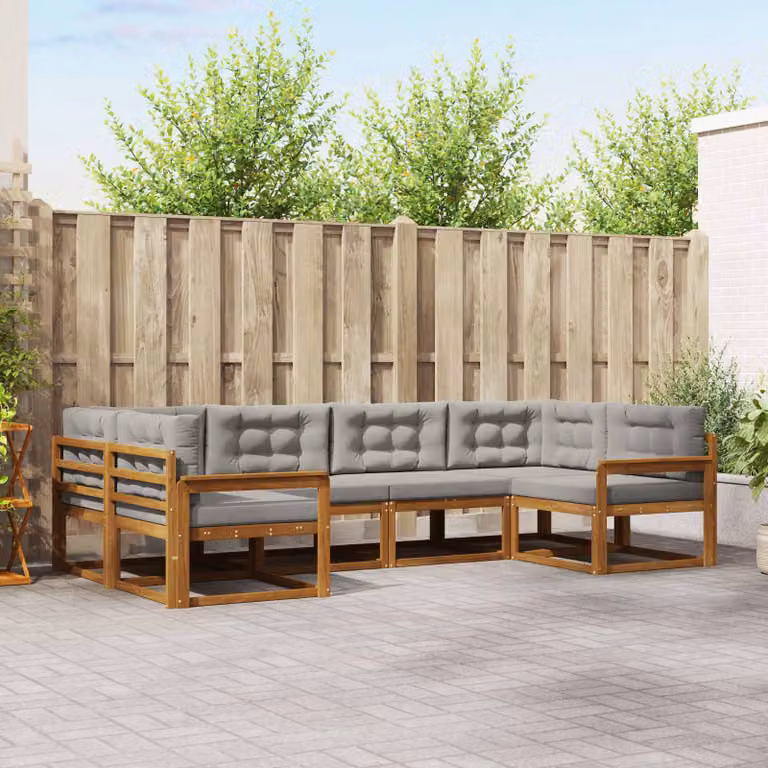 Set di divani da esterno vidaXL a forma di L in legno di acacia con cuscini, Grigio e Marrone
