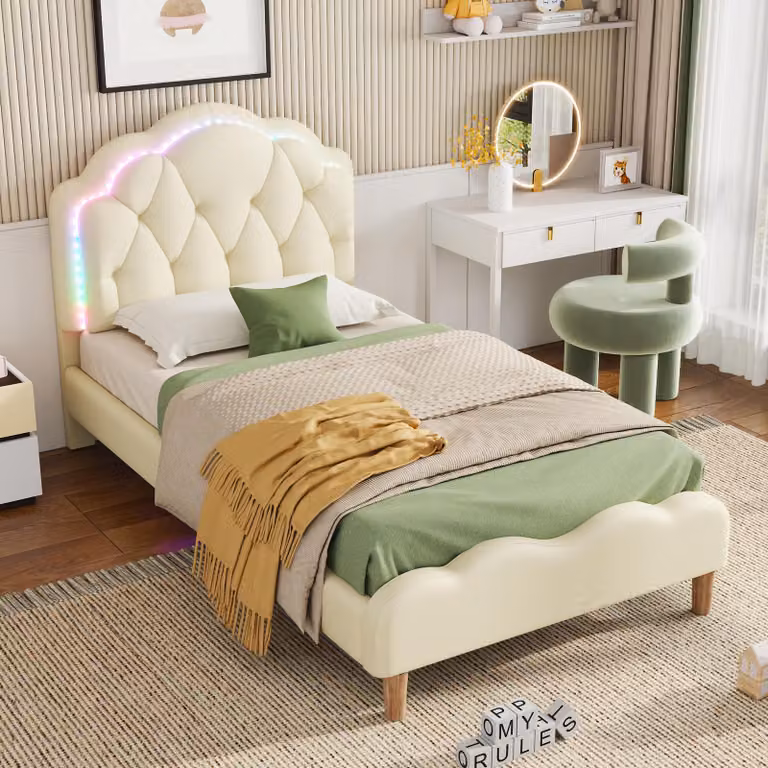 Letto imbottito Merax 90x200cm con rete a doghe, letto singolo con strisce LED, letto per bambini con testata a forma di onda in striscia a punti di tensione, PU, bianco