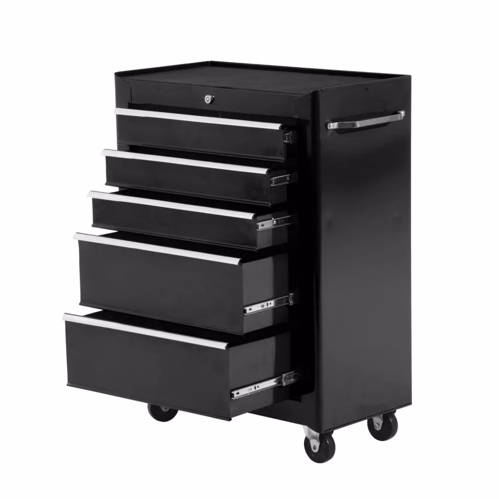 Carrello porta attrezzi in acciaio con 5 cassetti chiudibili a chiave e ruote, colore nero, L/P/H: 82,5 x 61,5 x 33 cm – 2