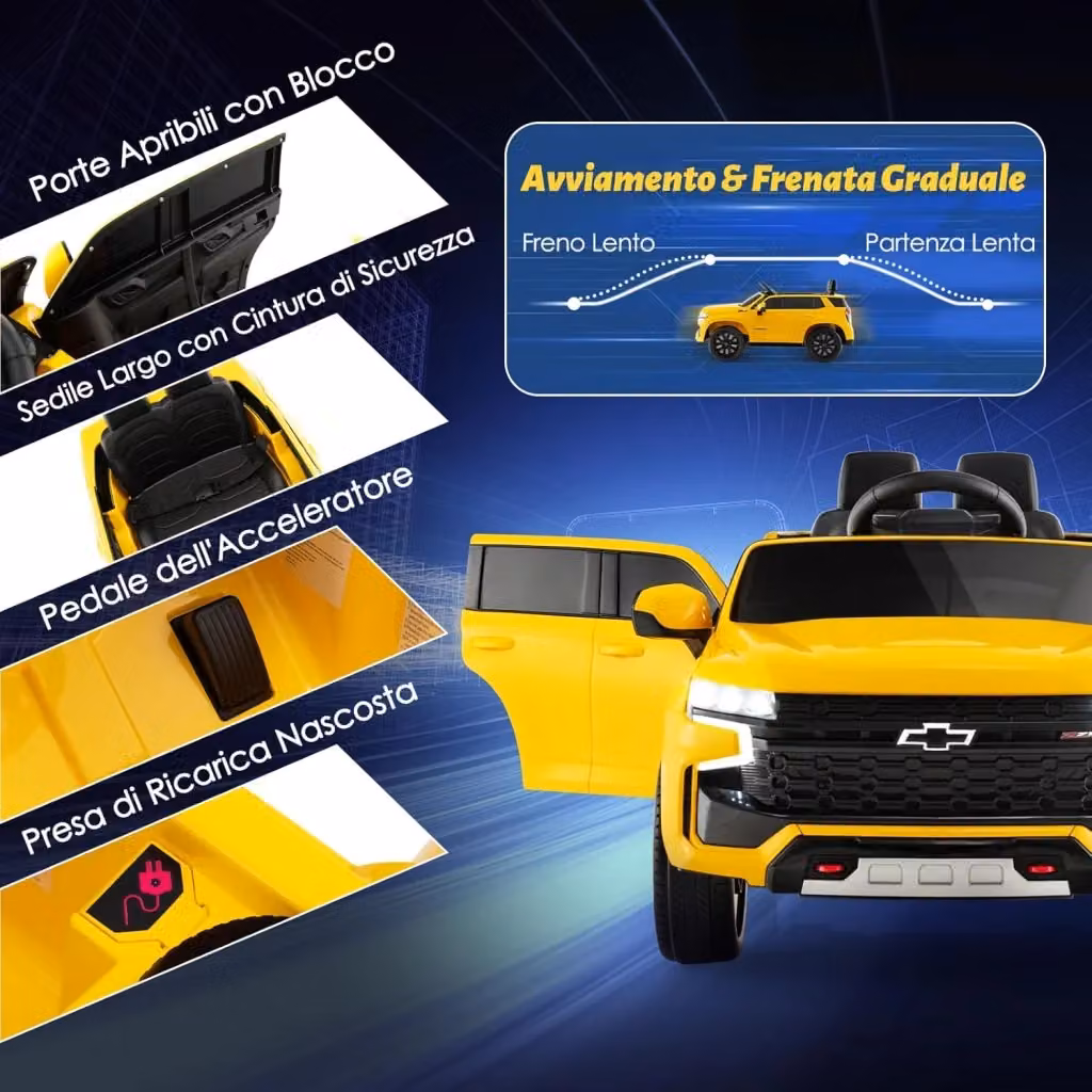 Macchina Elettrica Chevrolet per Bambini Costway 12V con Telecomando, Luci e Musica, Giallo – 2