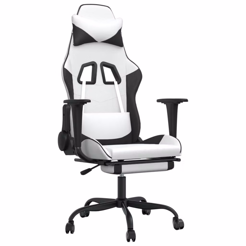 Sedia da Gaming con Poggiapiedi Bianco e Nero in Pelle finta