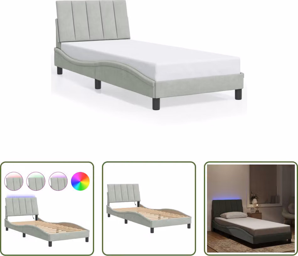 The Living Store Struttura letto con luci LED grigio chiaro 90x200 cm in velluto
