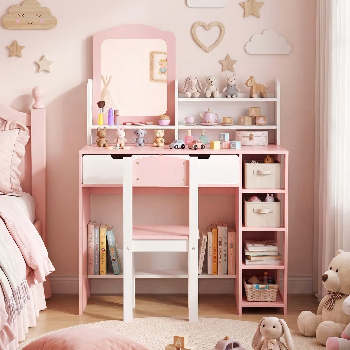 Set Toletta da Trucco per Bambini Costway con Tavolino, Sgabello e Scaffale Libreria, Colore Rosa