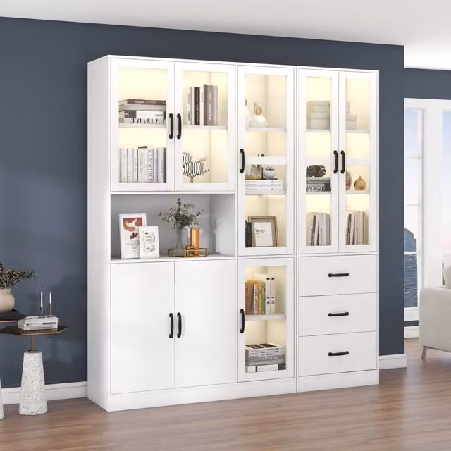 Vetrina con LED, 8 ante e 3 cassetti, ripiani per soggiorno e sala da pranzo, in truciolare bianco, 180 × 40 × 200 cm