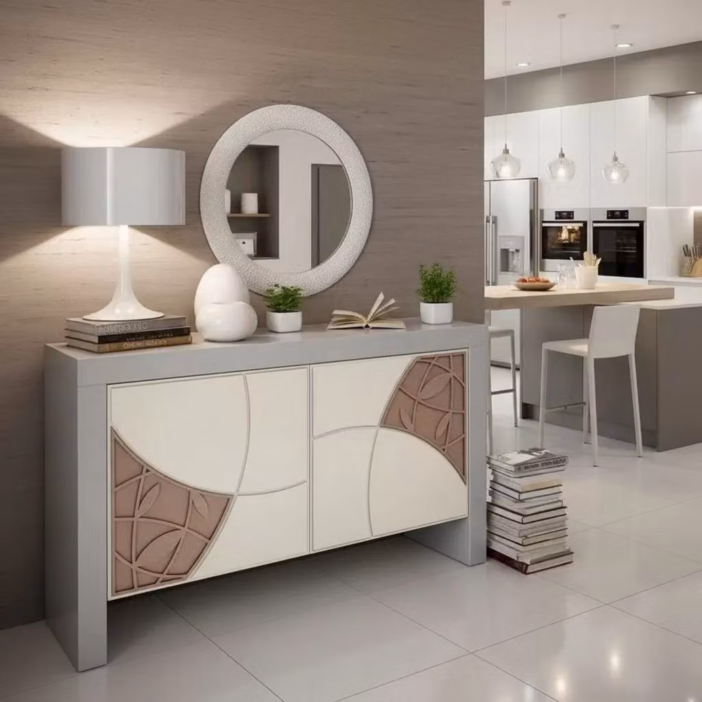 Madia bicolore Mobili 2G in legno massello con decoro a rilievo geometrico L: 142 cm, P: 45 cm, H: 89 cm – 1