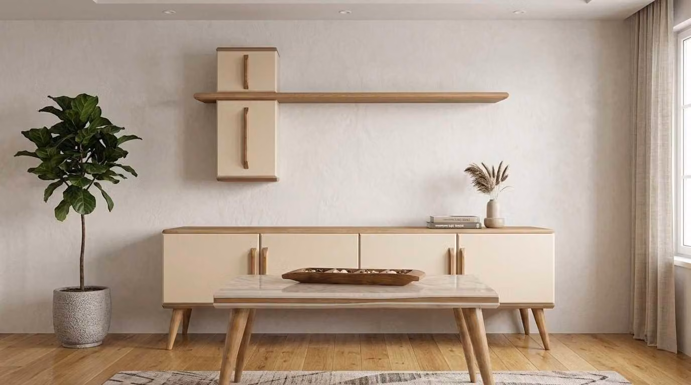 Set per soggiorno beige, moderno e credenza, libreria, tavolino da caffè