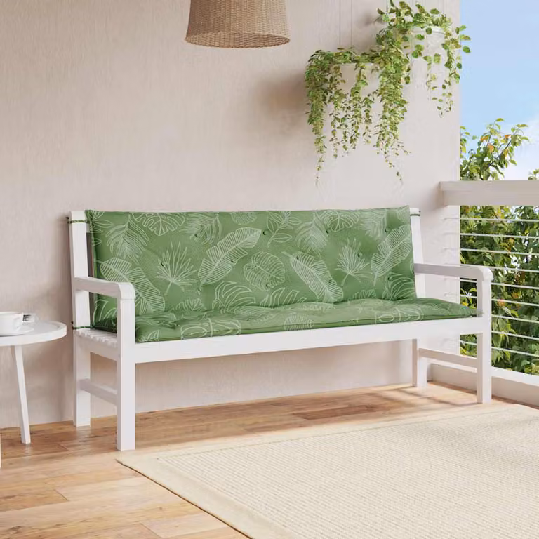 Set di 2 cuscini per panca da giardino vidaXL con motivo a foglie, colore verde, resistenti all'acqua e ai raggi UV, L 150 x P 50 x H 7 cm