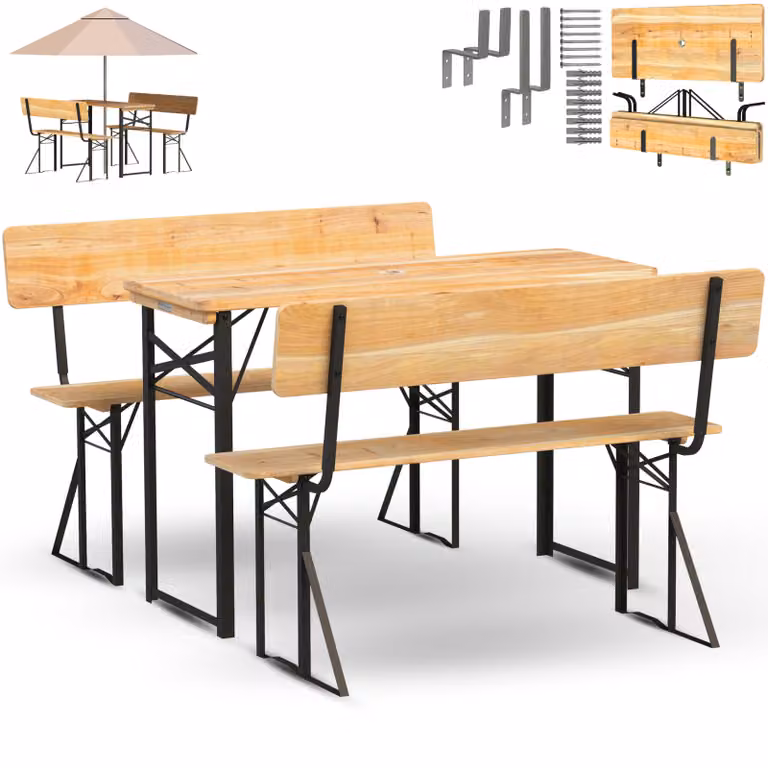 Set da birreria in legno holz4home® a 3 pezzi I 117 x 45,5 x 75 cm (tavolo + 2 panche con schienale) I Set da birreria pieghevole con supporto a muro