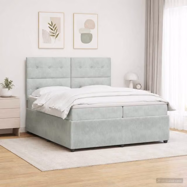 Letto Box Spring vidaXL con Materasso Ibrido Grigio e Bianco, Illuminazione LED e Porte USB, L/P: 200 x 200 cm