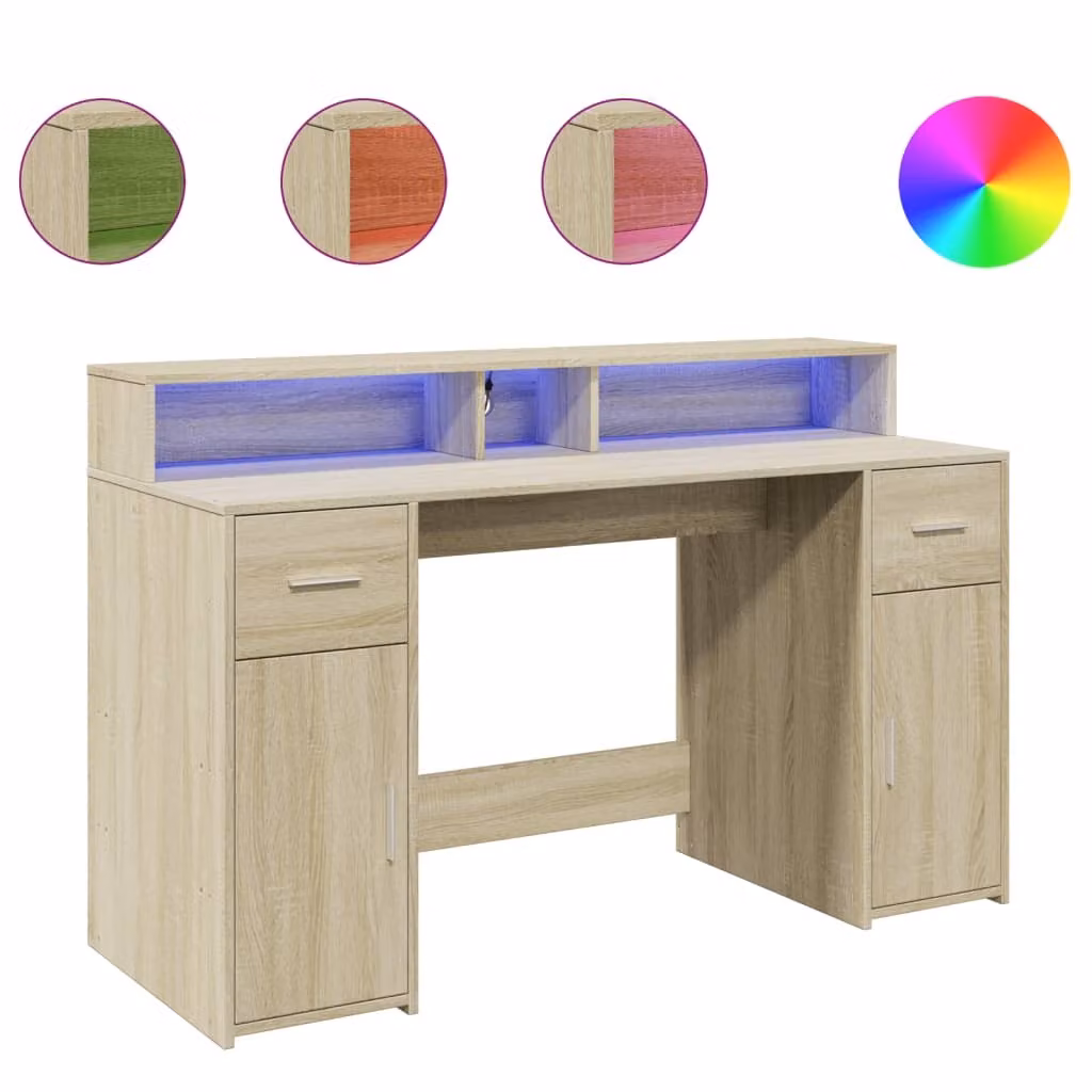 Scrivania con Luci LED Rovere Sonoma 140x55x91cm in Multistrato