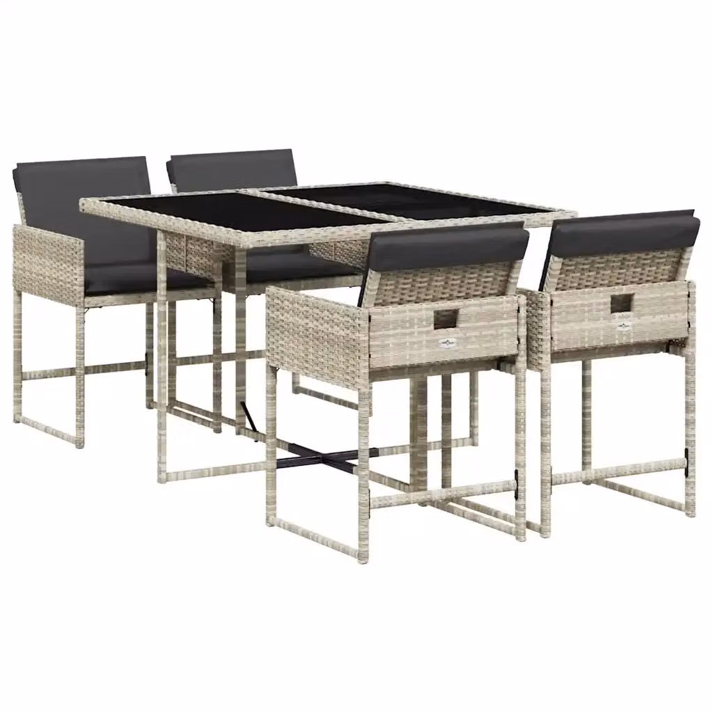 Set Pranzo da Giardino vidaXL in Polyrattan con Piano in Vetro e 5 Sedute con Cuscini Grigio Chiaro – 2
