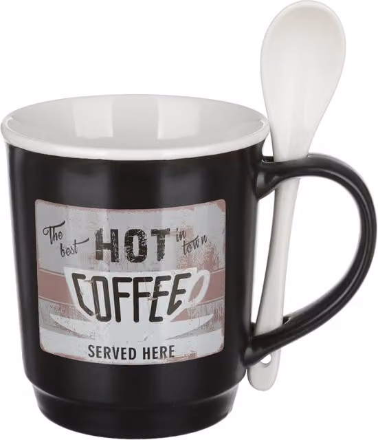 Tazza mug conica in porcellana KASANOVA con coperchio e cucchiaino, grigio scuro, 400 ml – 1