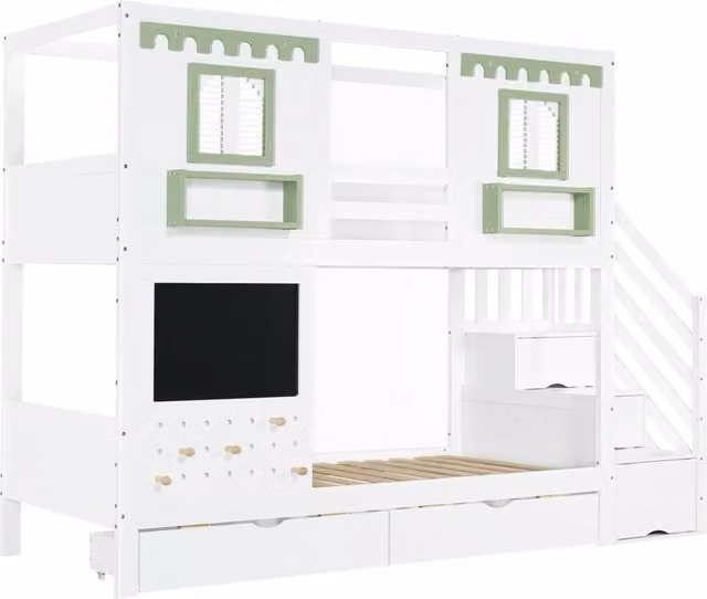 Letto a castello per bambini con scaletta contenitore, 2 cassetti e pannello portaoggetti, pino e MDF, bianco e verde, 90x200 cm