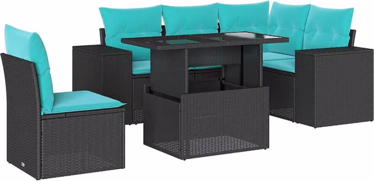 set di 6 divani da giardino con cuscini, in polyrattan nero