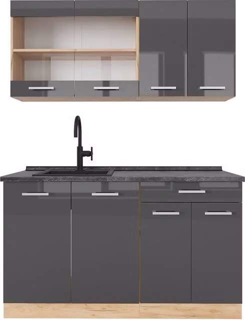 Cucina monoblocco R-Line Antracite lucido/Rovere dorato 140 cm, PL Antracite Vicco