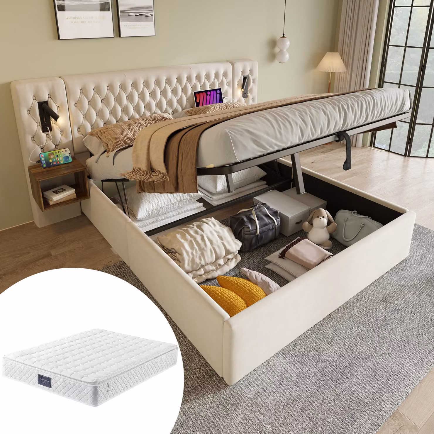 Letto imbottito 160x200 cm con spazio contenitore a sollevamento idraulico, 2 comodini, lampade da lettura, funzione di ricarica USB e Type-C, rete a doghe, rivestito in velluto color beige