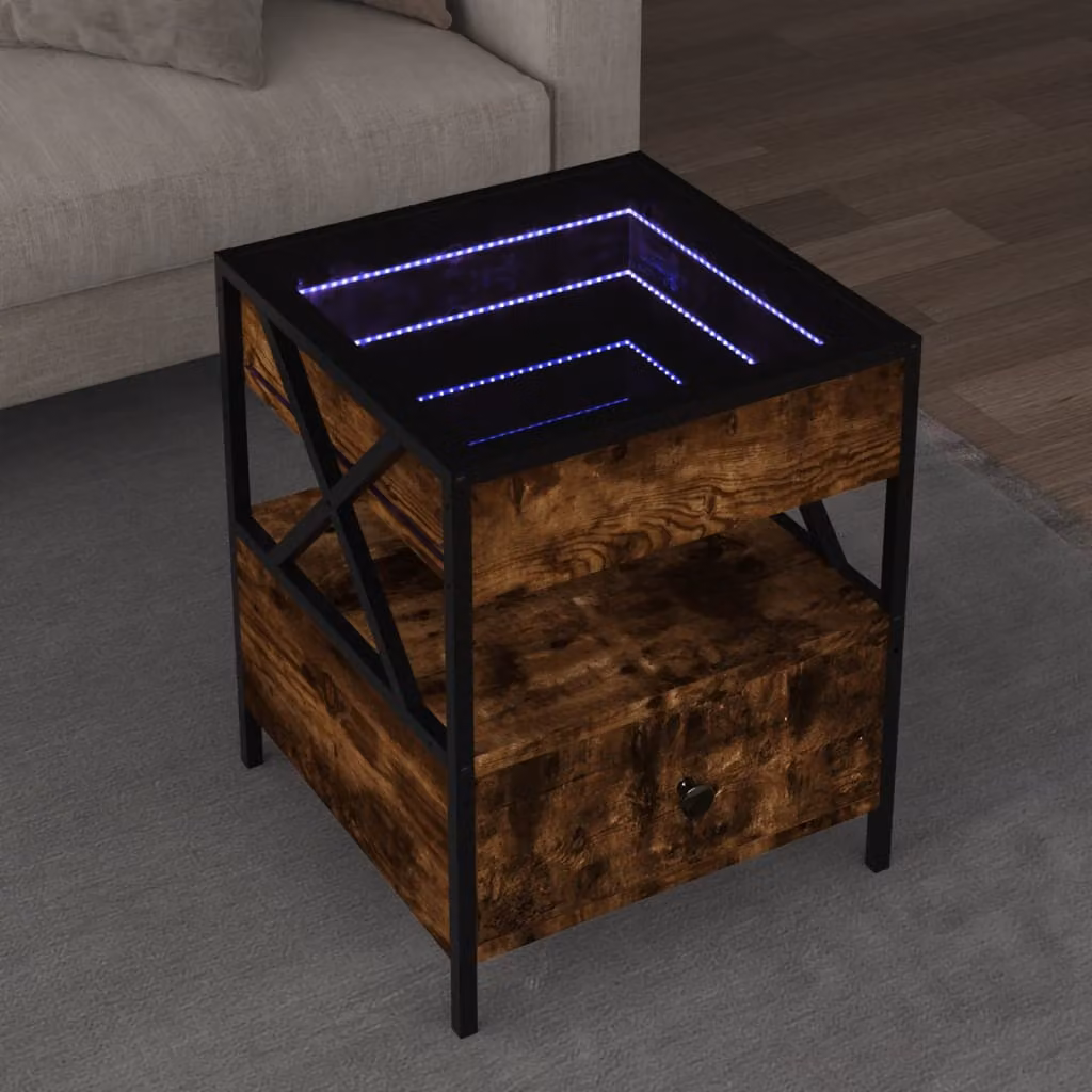 vidaXL Tavolino da Salotto Infinity con LED in Rovere Fumo e Vetro, L/P/H: 40 x 40 x 51 cm