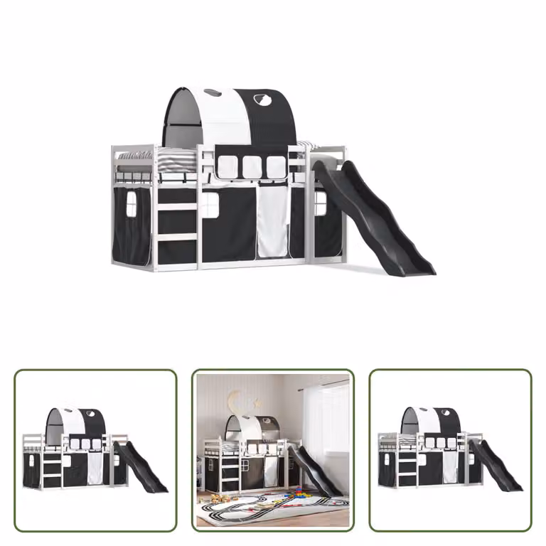 The Living Store Letto a castello con scivolo e tende bianco e nero 90x200 cm