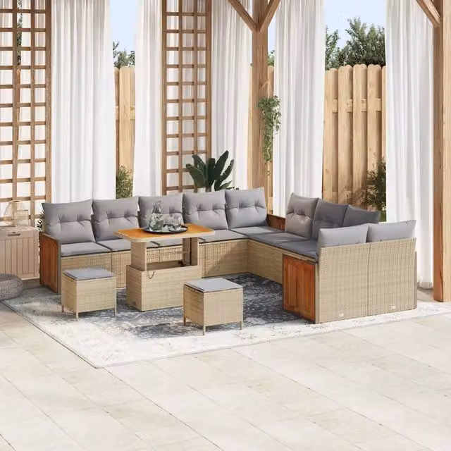 Set Divano da Giardino Moderno vidaXL a Forma a U in Acciaio Verniciato con Cuscini Beige e Grigio composto da 17 Pezzi – 1