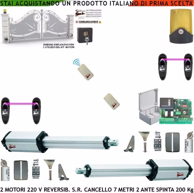Automazione 220 V Ricambio X Cancello da 7 Metri 2 Ante da 3,5 Metri 2 Motori 230V Stelo Retrattile Reversibile Corsa 600 mm Spinta 250 Kg Centrale2 Radiocomandi 2 Coppie Fotocellule Faro Selettore