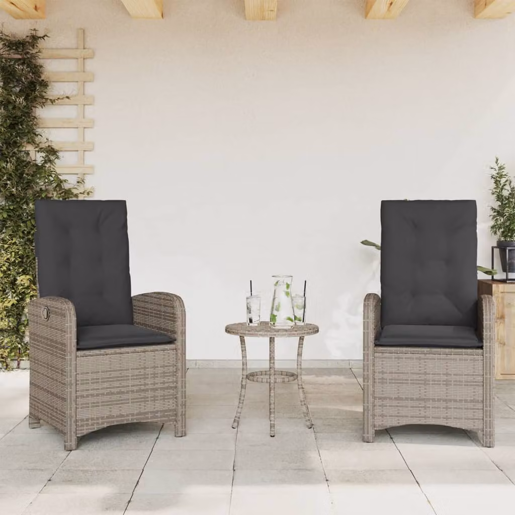 Set di 2 sedie da giardino reclinabili con cuscini vidaXL in polyrattan grigio