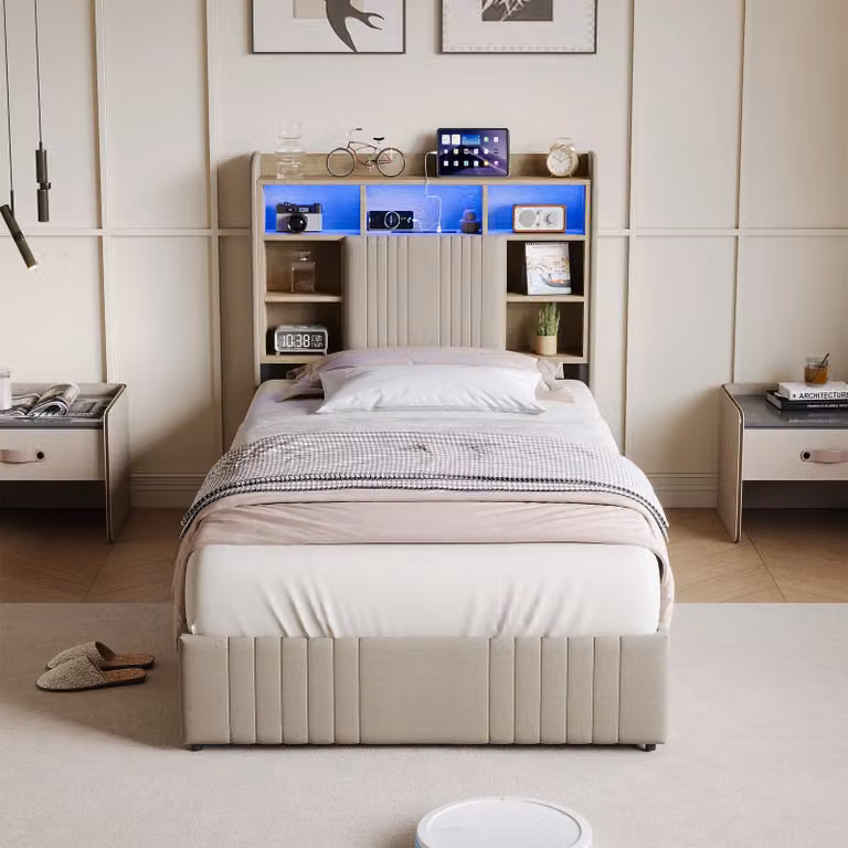 Letto singolo ProximaX 90x200 cm beige con 2 cassetti, testiera con illuminazione a LED, stazione di ricarica e vano portaoggetti, rivestimento in lino per camera da letto