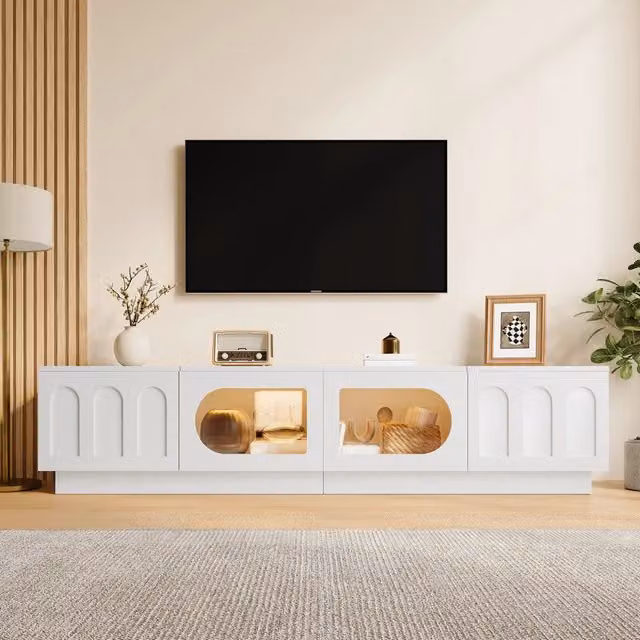 Mobile TV con 4 ante LED regolabili tramite app; vetrine con vetro ovale e passacavi bianco 200 × 40 × 42 cm