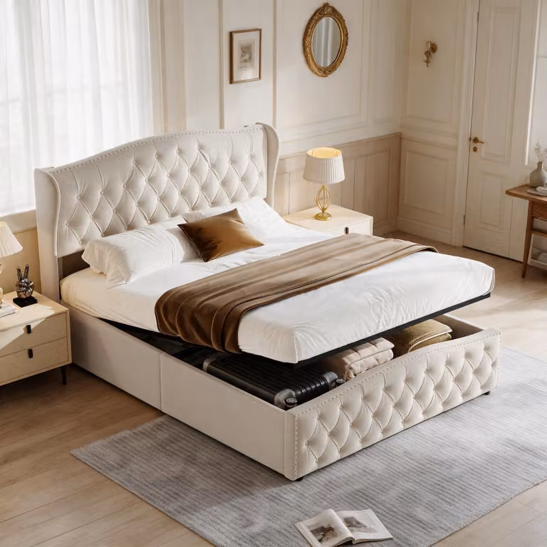 Letto imbottito INONEFT, 140x200 cm, con spazio contenitore, letto per ragazzi con cassone contenitore a sistema idraulico, letti singoli con rete a doghe, rivestito in velluto, senza materasso, color beige