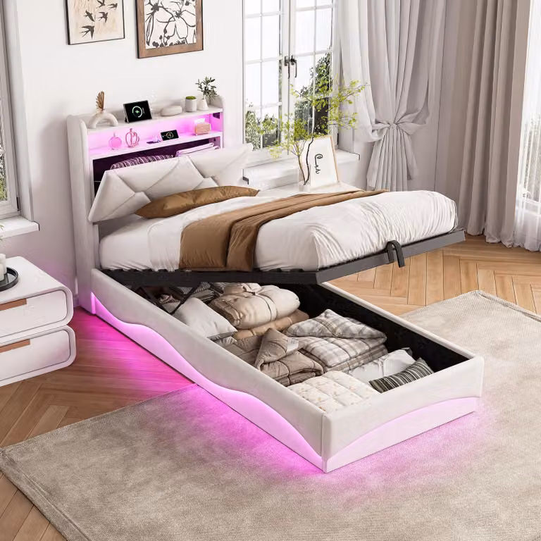 Letto contenitore con boxspring, imbottito, 90x200 cm, con LED e porta USB, modello a sollevamento idraulico, ideale per bambini, con struttura a letto singolo e rete a doghe, rivestito in velluto, colore beige