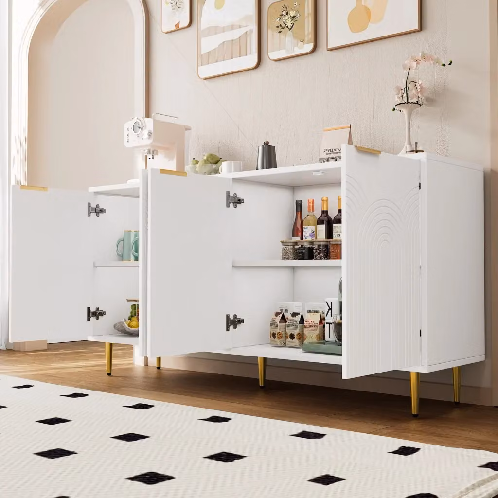 Sideboard moderno bianco e oro con 4 ante e ripiani regolabili in MDF, L: 160 cm, P: 40 cm, H: 80 cm – 2