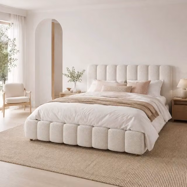 Letto 180x200 cm con contenitore idraulico, rete a doghe e rivestimento boucl¨¦ bianco