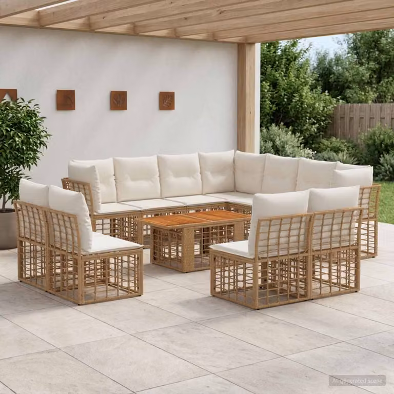 Set Divano da Giardino vidaXL 12 Pezzi in Polyrattan con Tavolino e Cuscini, Colore Naturale e Bianco Crema