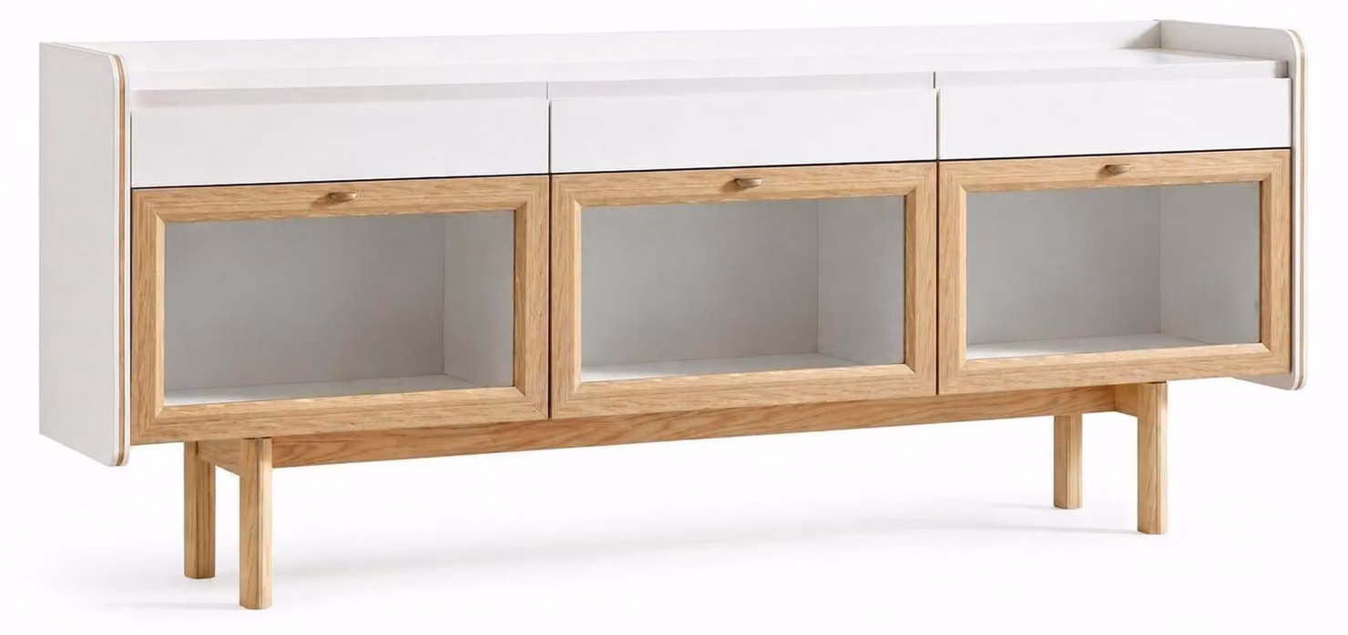Moderna consolle con ante in vetro e gambe in legno di rovere