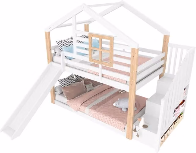 Letto a castello Chicfurn per bambini in legno bianco con scivolo, scala con vani contenitore e struttura a casetta, L/P/H: 200 x 90 x 206 cm