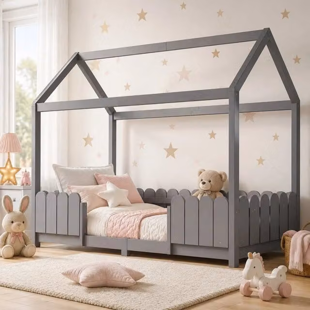 Letto Casetta REDOM per bambini in legno e MDF grigio con sponde di protezione L/P/H: 206 x 90 x 120 cm – 1