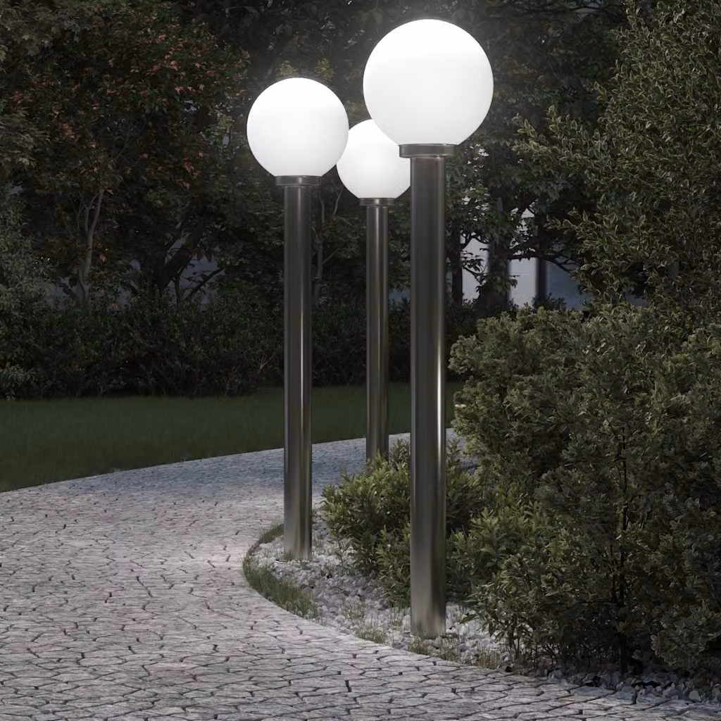Set di 3 lampioni a palo vidaXL in acciaio inox color argento, altezza: 120 cm, protezione IP44 per giardino e terrazza