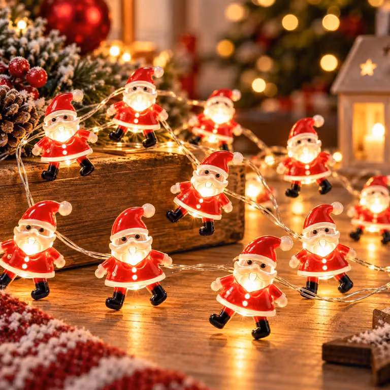 Catena luminosa a forma di Babbo Natale, 2 metri, 20 LED bianco caldo, alimentazione a batteria