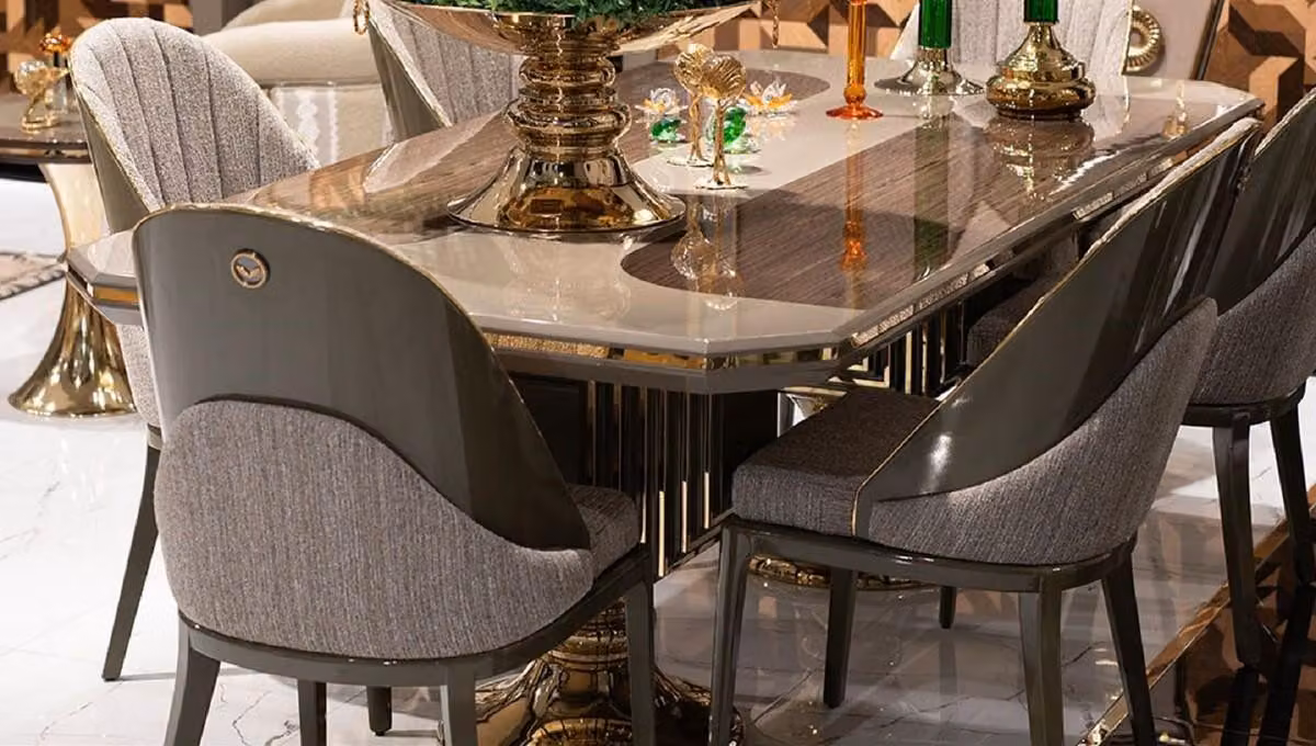 Casa Padrino Tavolo da pranzo grigio / marrone / oro - Tavolo da cucina rettangolare - Mobili per la sala da pranzo - Mobili