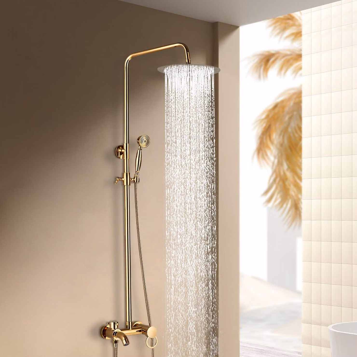 Set doccia a soffitto – Colore oro – Doccetta manuale – 20 cm – Pioggia doccia – Acciaio inossidabile e ottone – Montaggio a parete